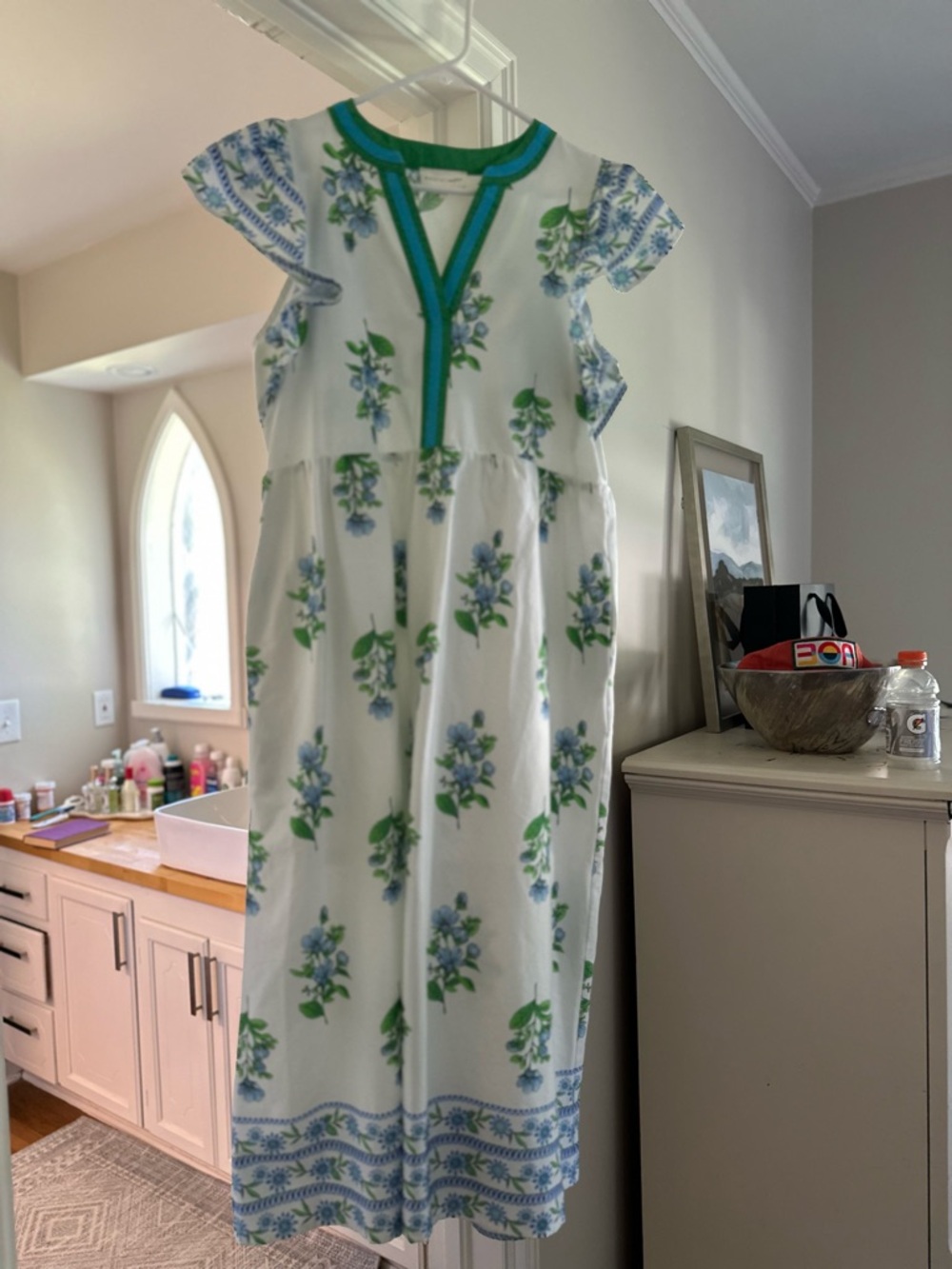 entro White Midi Dress with Blue Floral Print and Green Trim